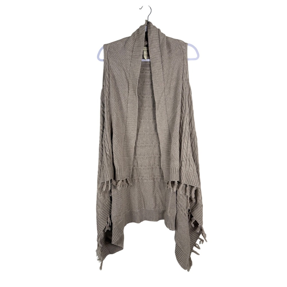 Matilda Jane Womens XS Sweater Vest Taupe Tan Sleeveless Fringe‎ Cable Knit